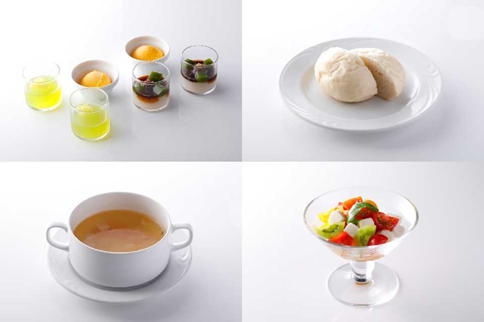 パン、スープ、スイーツの写真